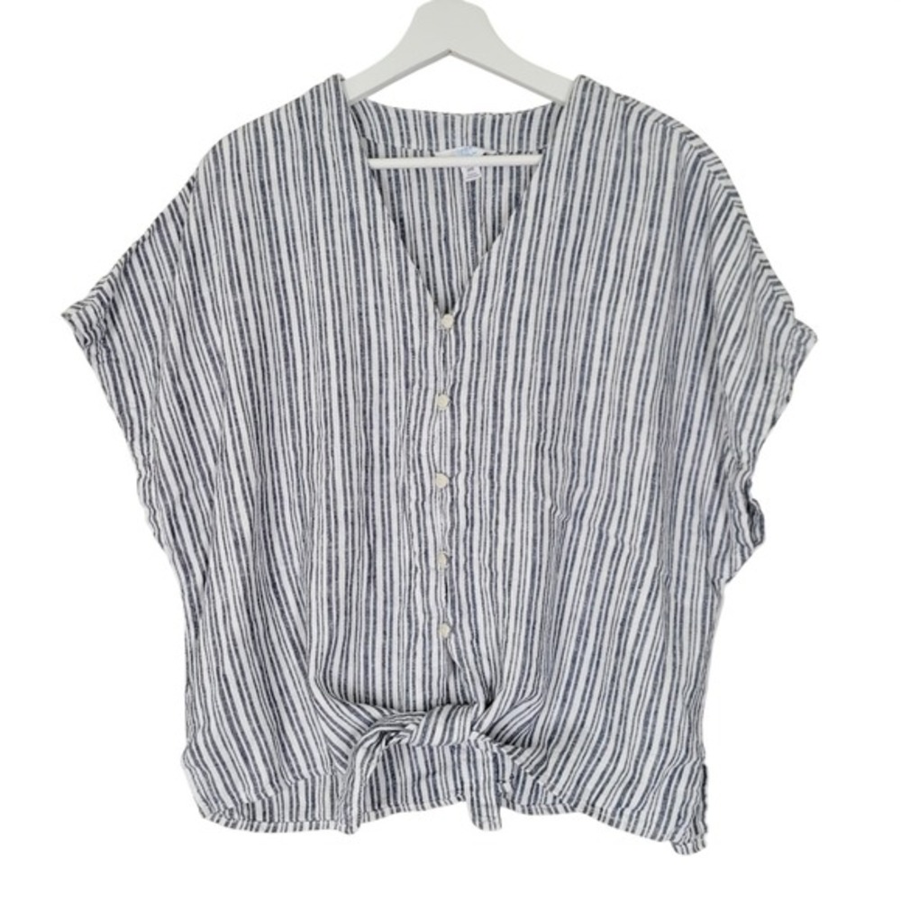 Time and Tru Linen Blend Button Down Top Womens XXL Blue White Striped Tie Front